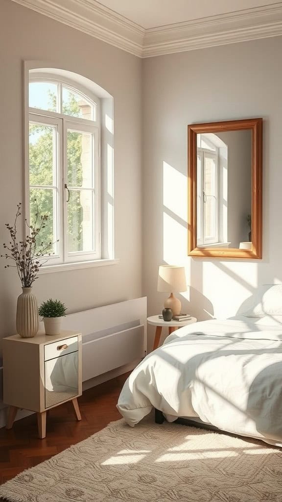 A bright and cozy bedroom with a mirror reflecting natural light from a window.