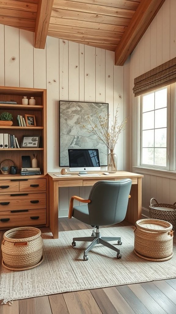 A cozy workspace with wooden ceiling, desk, and natural elements like woven baskets and a plant.