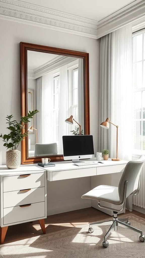 A bright and stylish small home office featuring a large mirror above the desktop.