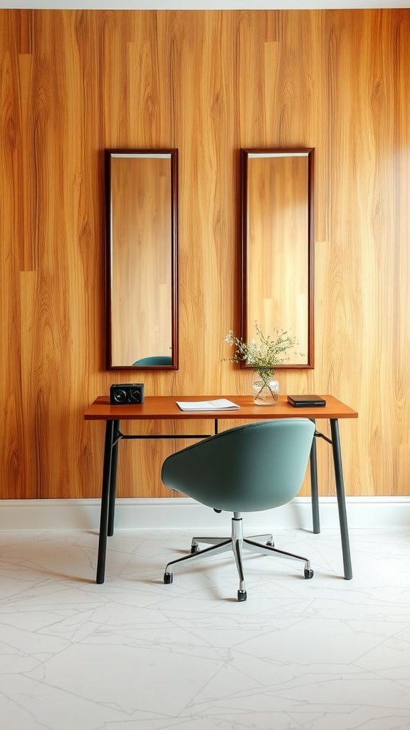 A stylish dorm desk with mirrors on the wall, enhancing light and decor.