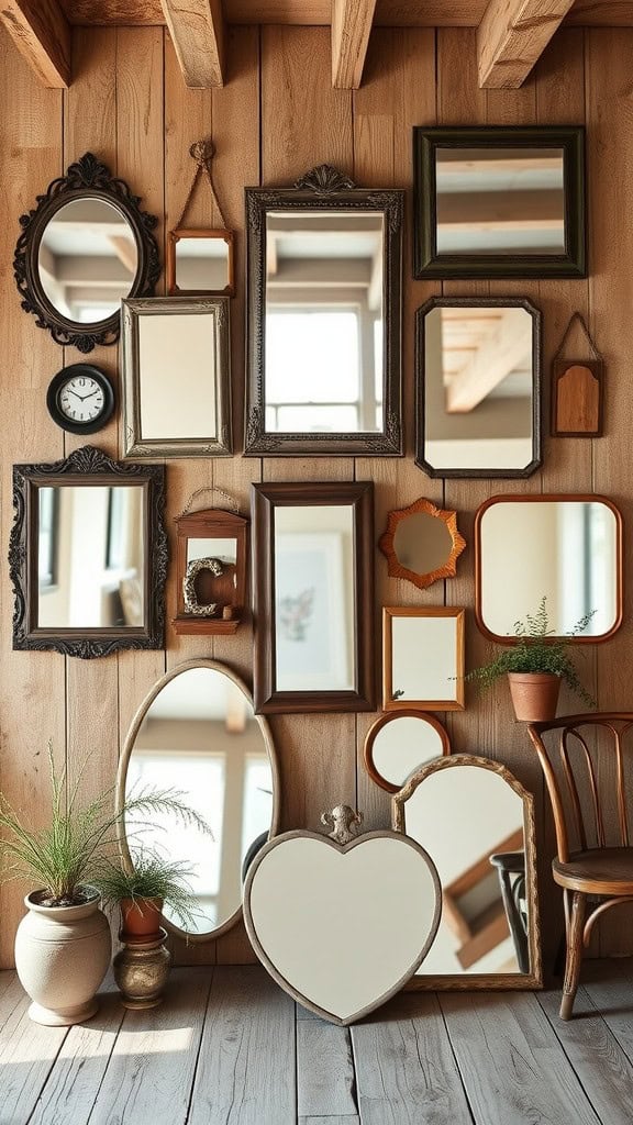 A wall filled with various mirrors and plants in a farmhouse-style setting.