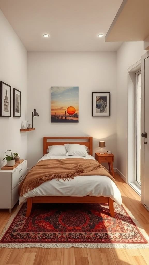 A cozy bedroom with a bed, rug, and decorative items.