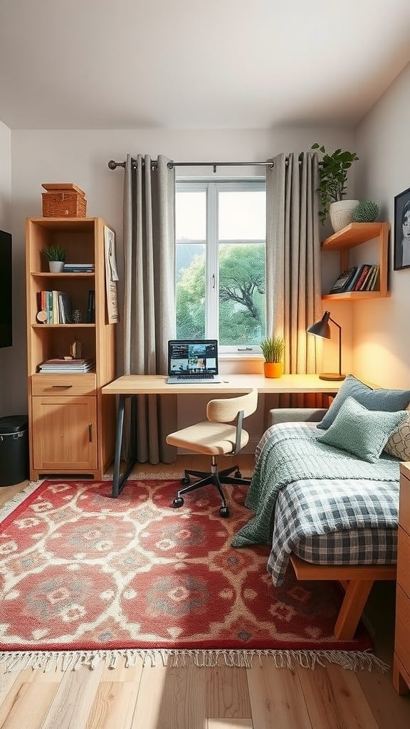 A cozy dorm room featuring a desk, bed, and a decorative rug.