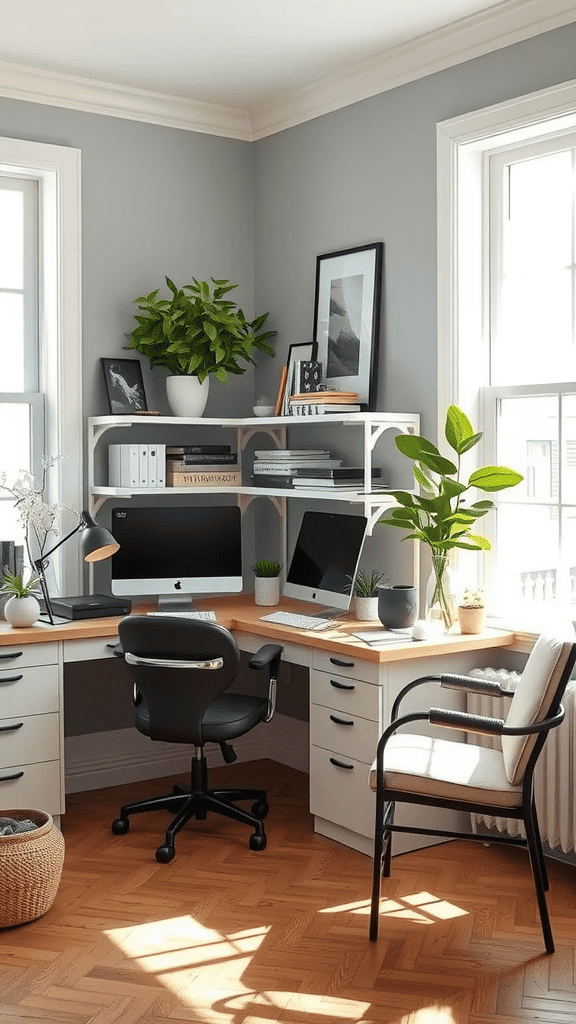 A bright and organized home office with large windows, plants, and modern furniture.