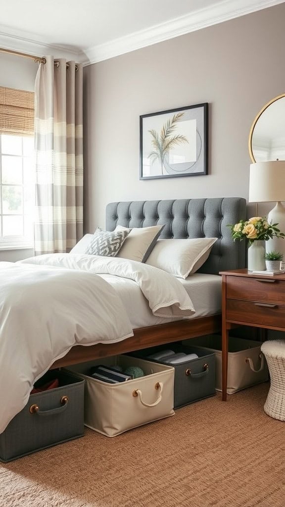 A cozy bedroom with under-bed storage bins, a stylish bed, and warm decor.