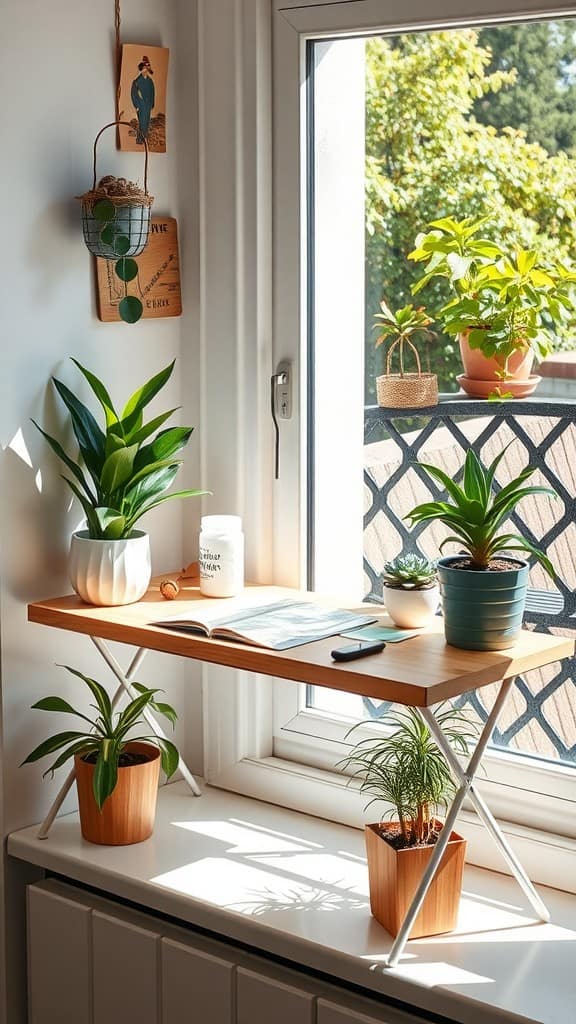 A cozy workspace on a window sill with plants, a book, and a phone.