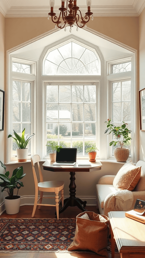 A bright office space featuring a bay window, plants, a small table with a laptop, and a comfortable chair.