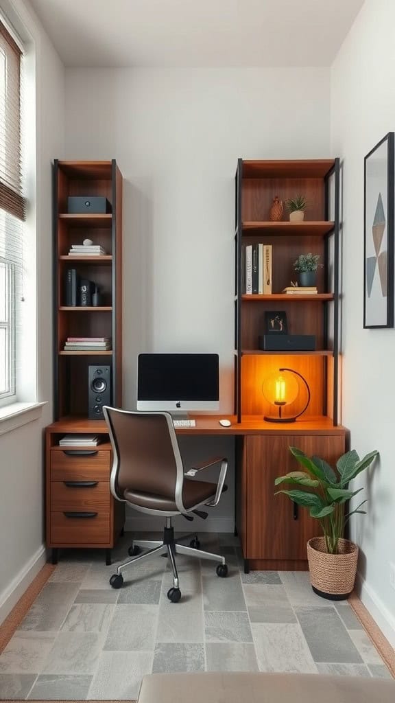 Cozy home office setup in a corner of a room with a desk, shelves, and a plant.