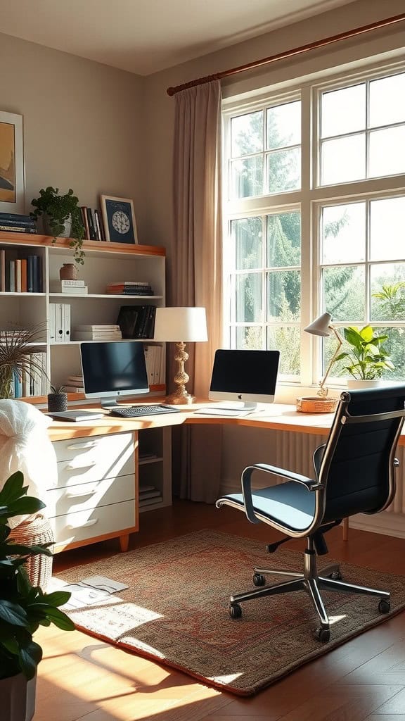 A sunny cozy home office with a desk, two computers, and a plant.