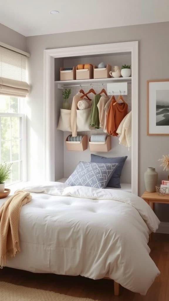 Cozy bedroom with door space utilized for storage, featuring shelves and hanging items.