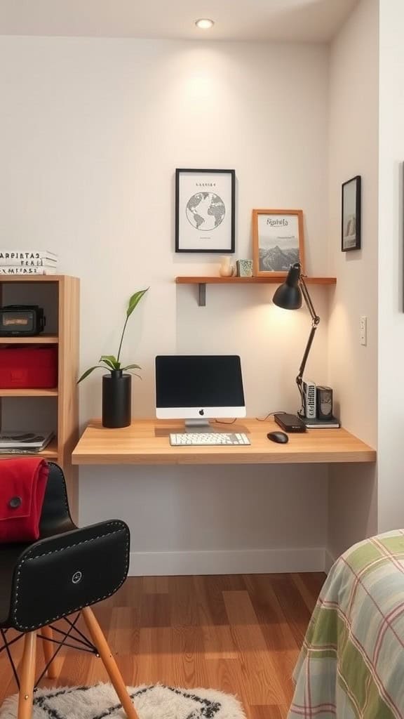 A stylish floating desk setup with a computer, lamp, and decorative items in a cozy dorm room.