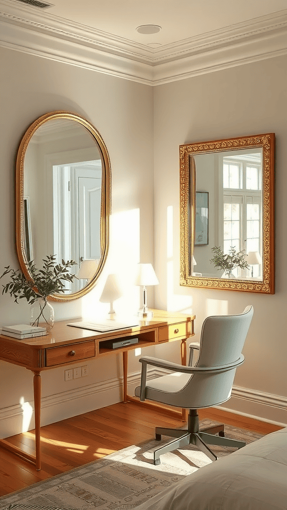 A cozy guest room featuring a wooden desk with a lamp and a chair, two decorative mirrors on the wall, and sunlight streaming in.