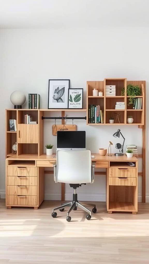 A cozy home office setup with a wooden desk, shelves, and a comfortable chair.