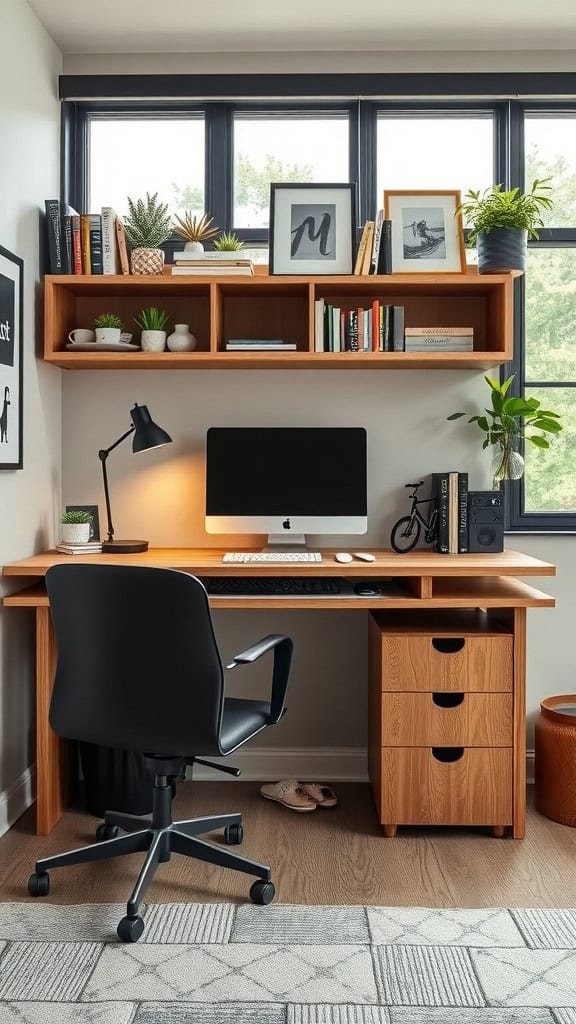 A modern home office with a desk, computer, and organized shelves.