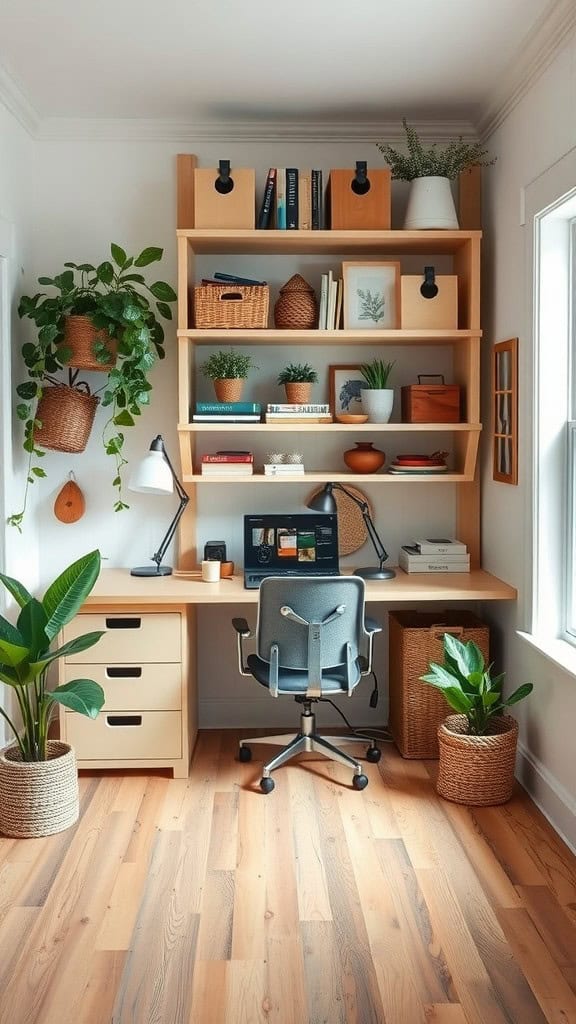 A cozy home office with a minimal design, featuring a desk, plants, and shelves.