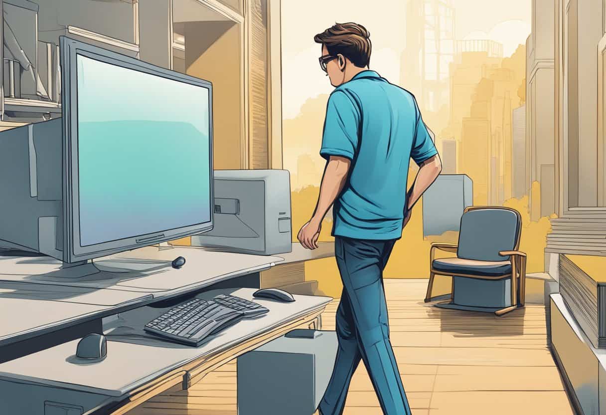 A person confidently walking away from a computer with a sense of relief and assurance