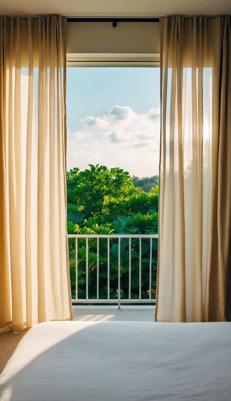 A sunlit bedroom with billowing curtains, framing a view of lush greenery outside