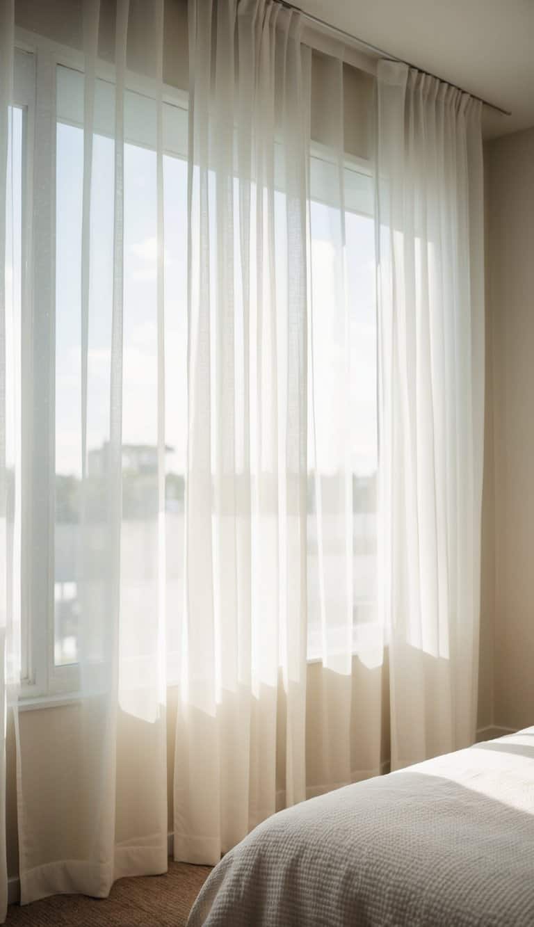 Sheer white curtains billowing gently in a sunlit bedroom