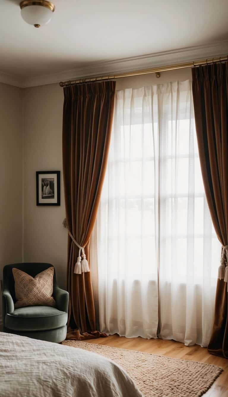 A cozy bedroom with rich velvet blackout drapes drawn closed, creating a sense of warmth and intimacy