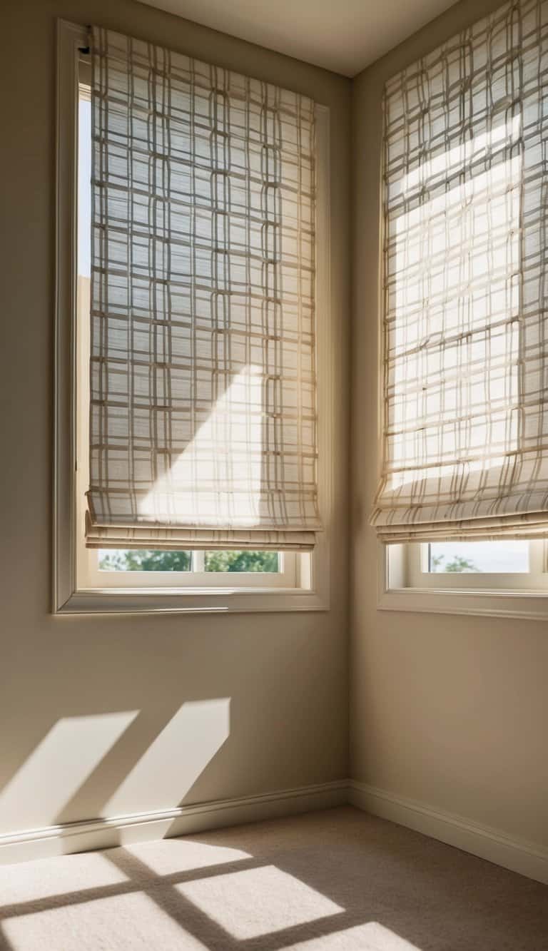 Patterned Roman shades hang in a sunlit bedroom, casting geometric shadows on the floor