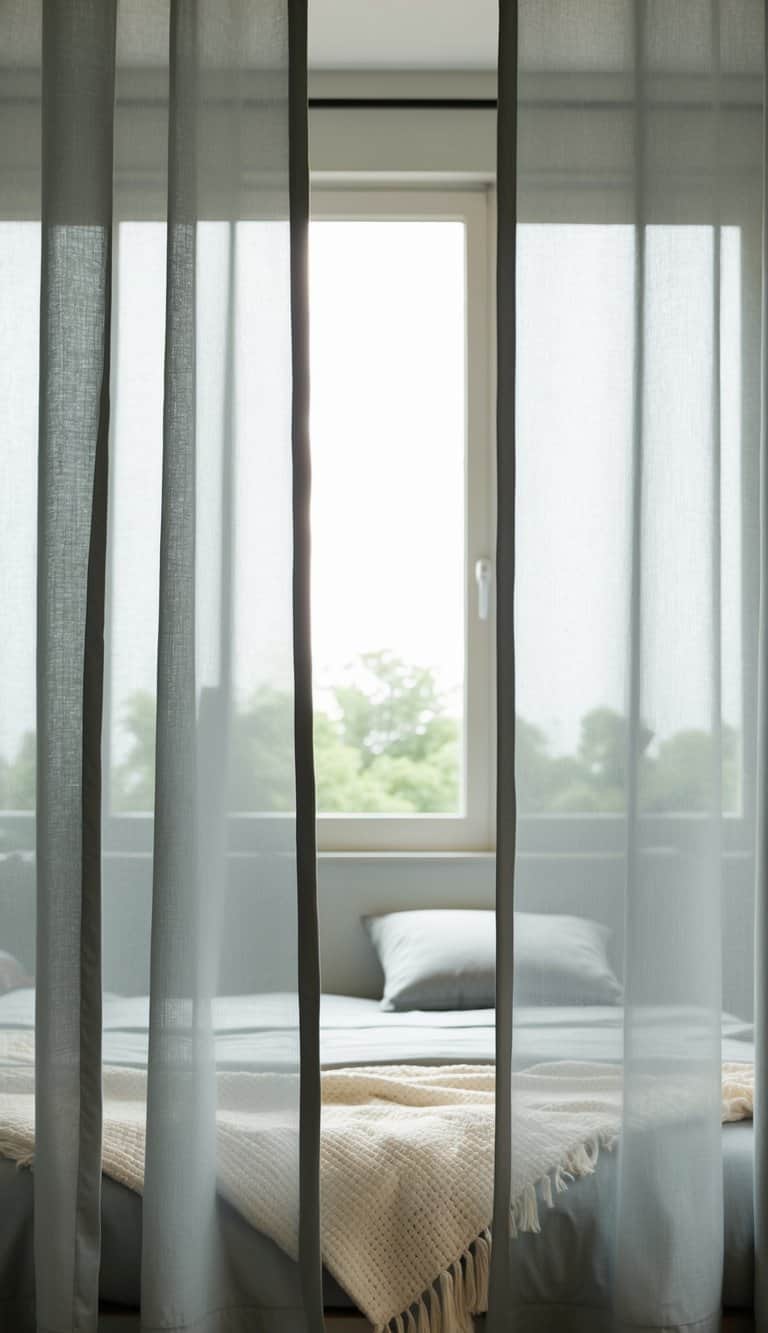 Semi-sheer grey panels softly filter sunlight into a serene bedroom, creating a tranquil and cozy atmosphere