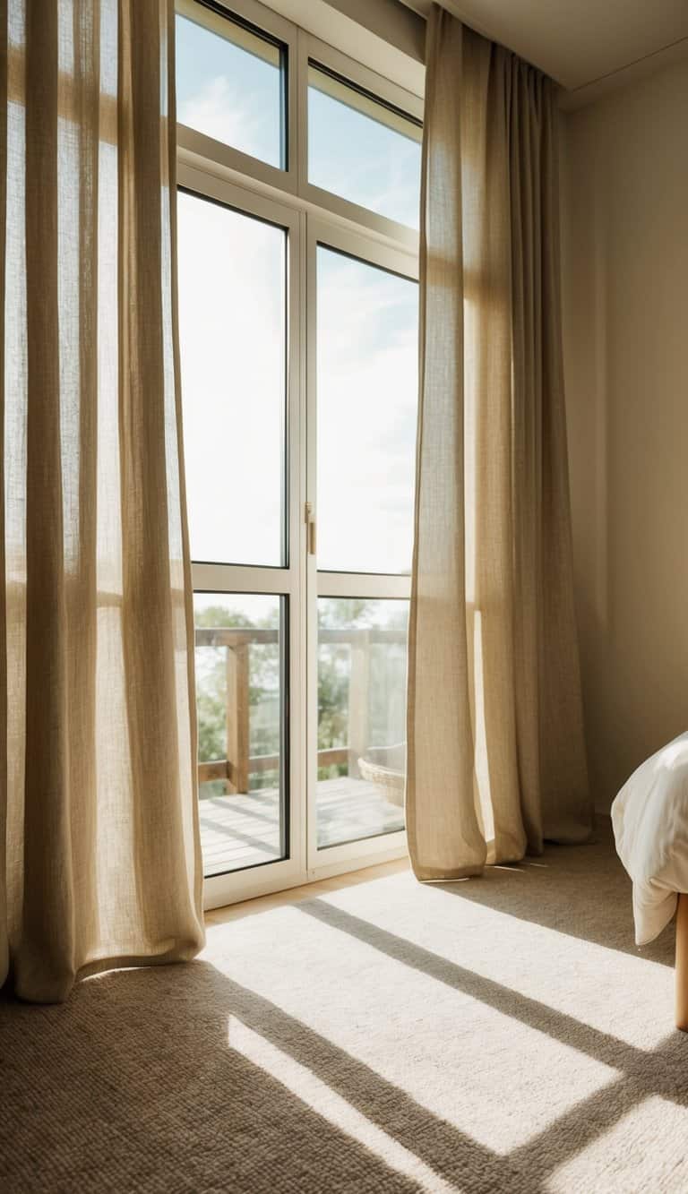 A cozy bedroom with sunlight streaming through linen blend curtains, casting soft shadows on the floor