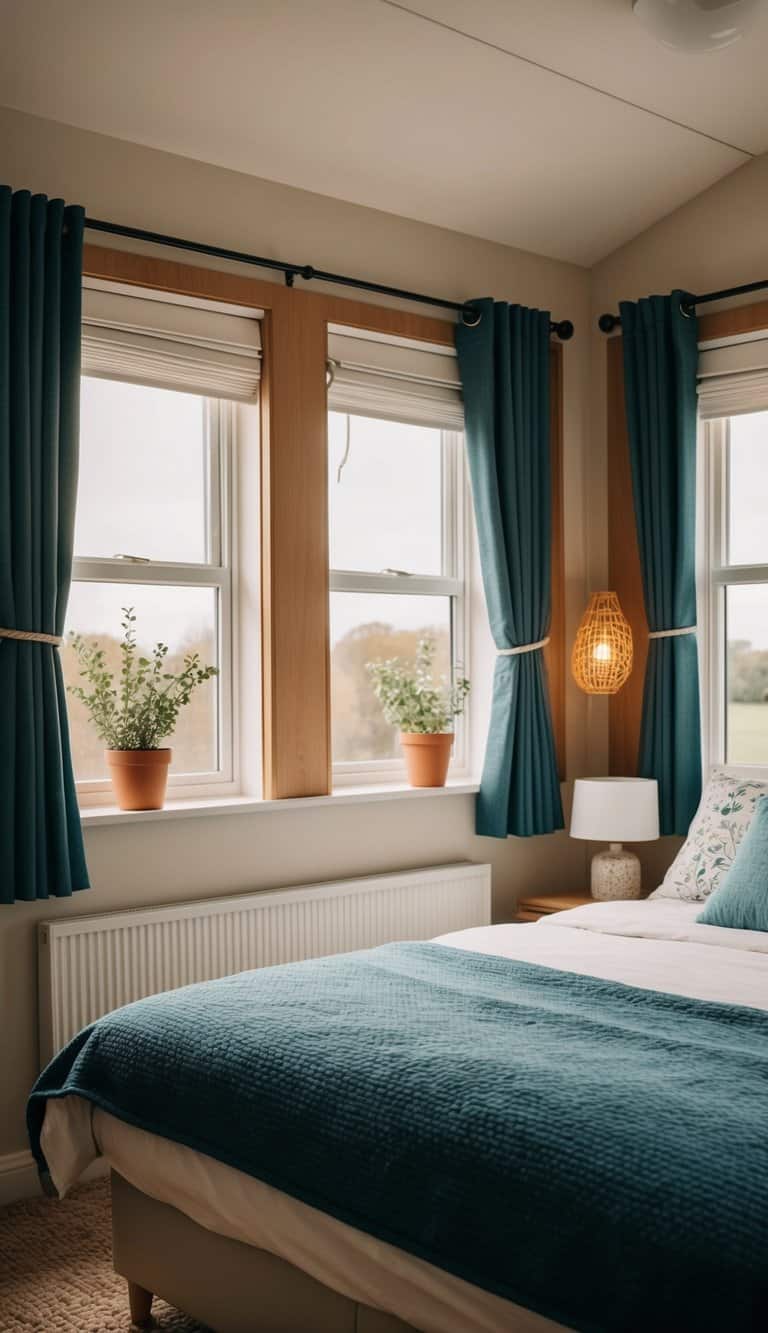 A cozy bedroom with thermal insulated panels and various curtain ideas hanging from the windows