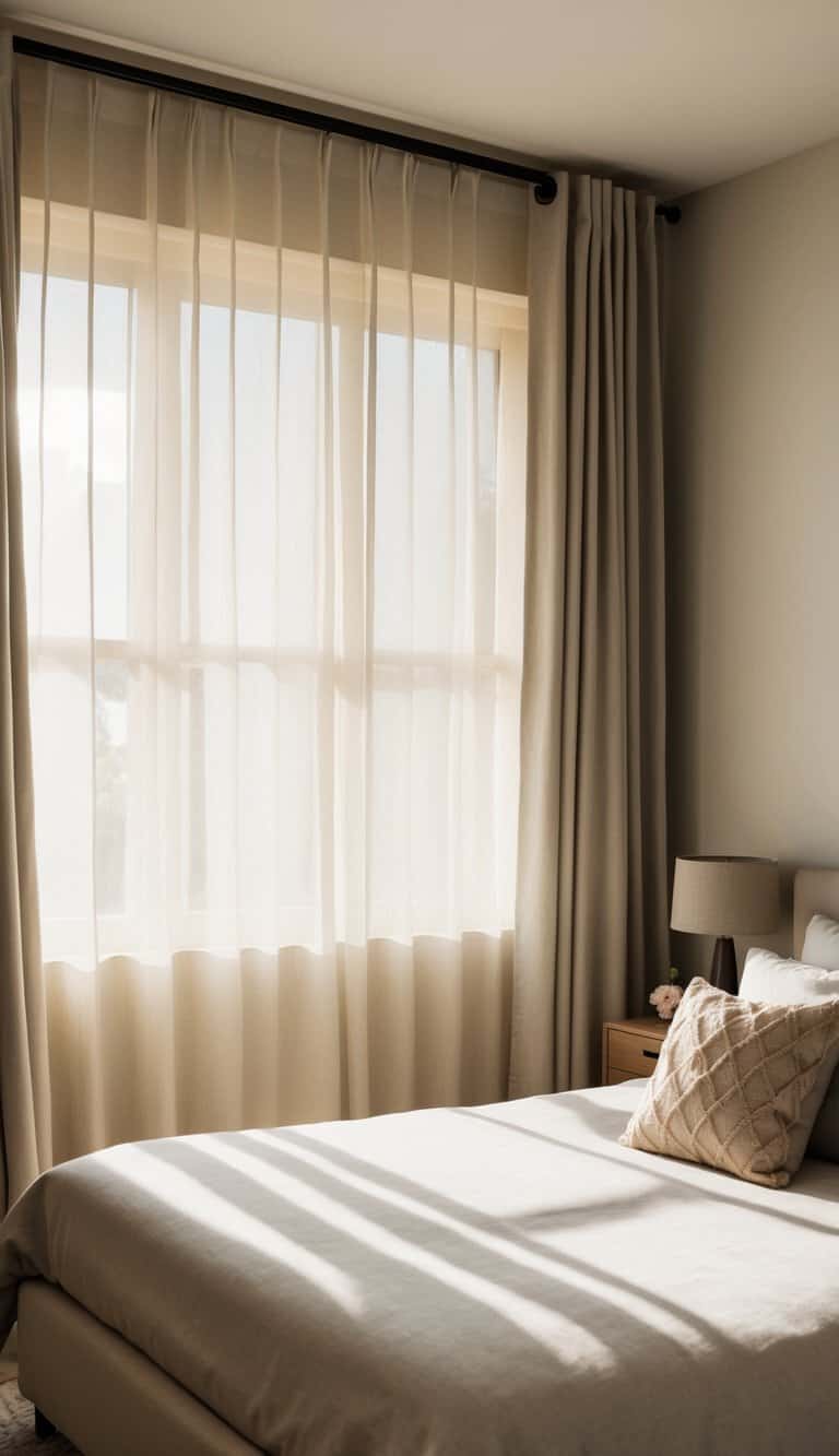 A cozy bedroom with grommet top curtains in a neutral color, softly filtering sunlight into the room