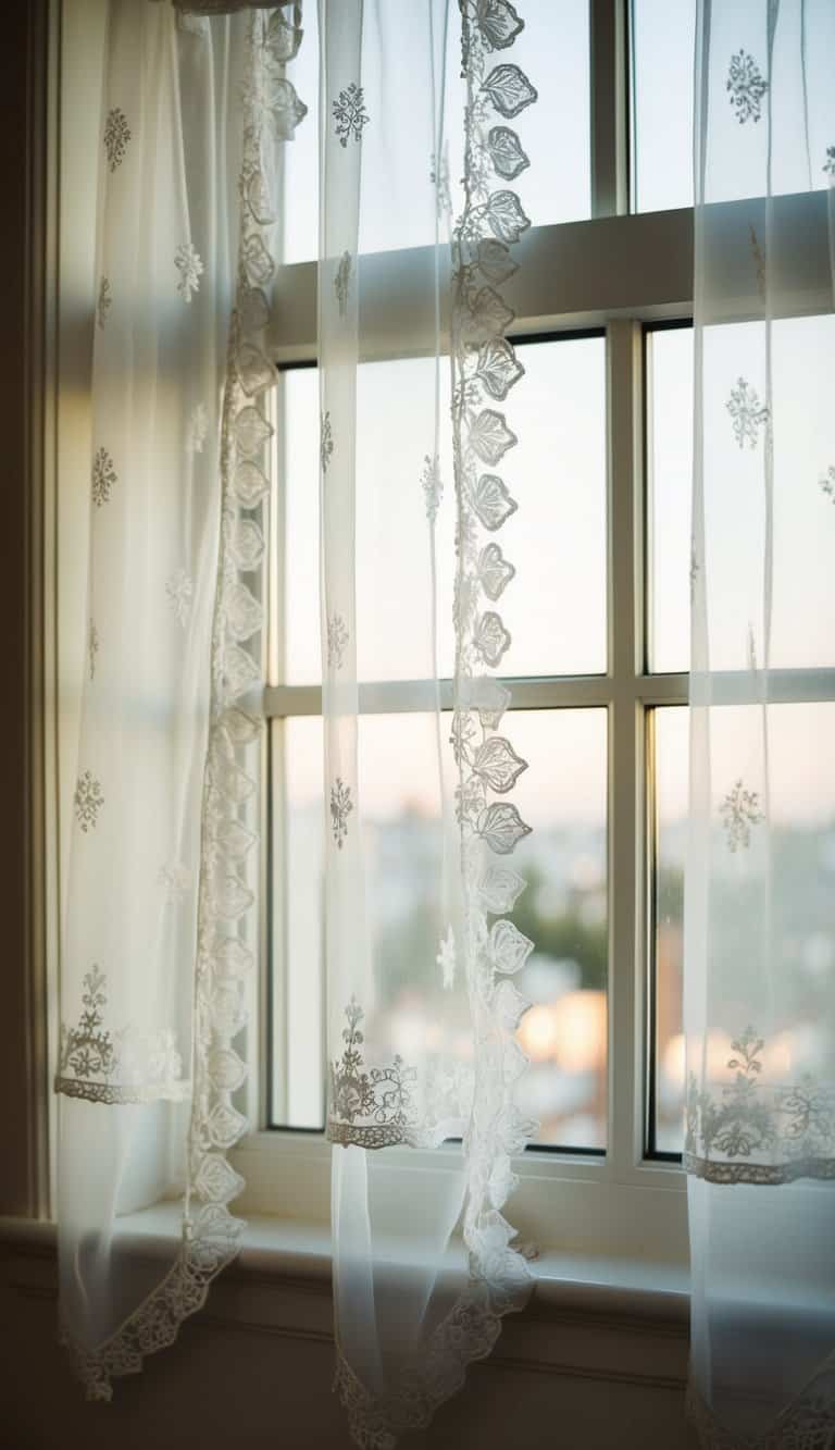 Delicate tulle panels hang from a window, embroidered with intricate designs. The soft fabric gently diffuses the light, creating a dreamy and romantic atmosphere in the bedroom