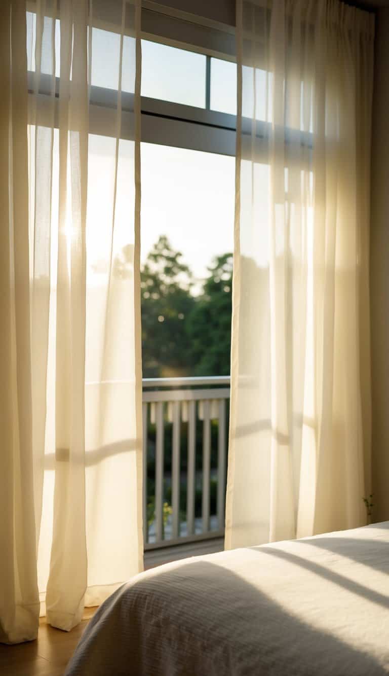 A cozy bedroom with tab top voile curtains billowing in the breeze, soft sunlight filtering through the sheer fabric, creating a tranquil and elegant atmosphere