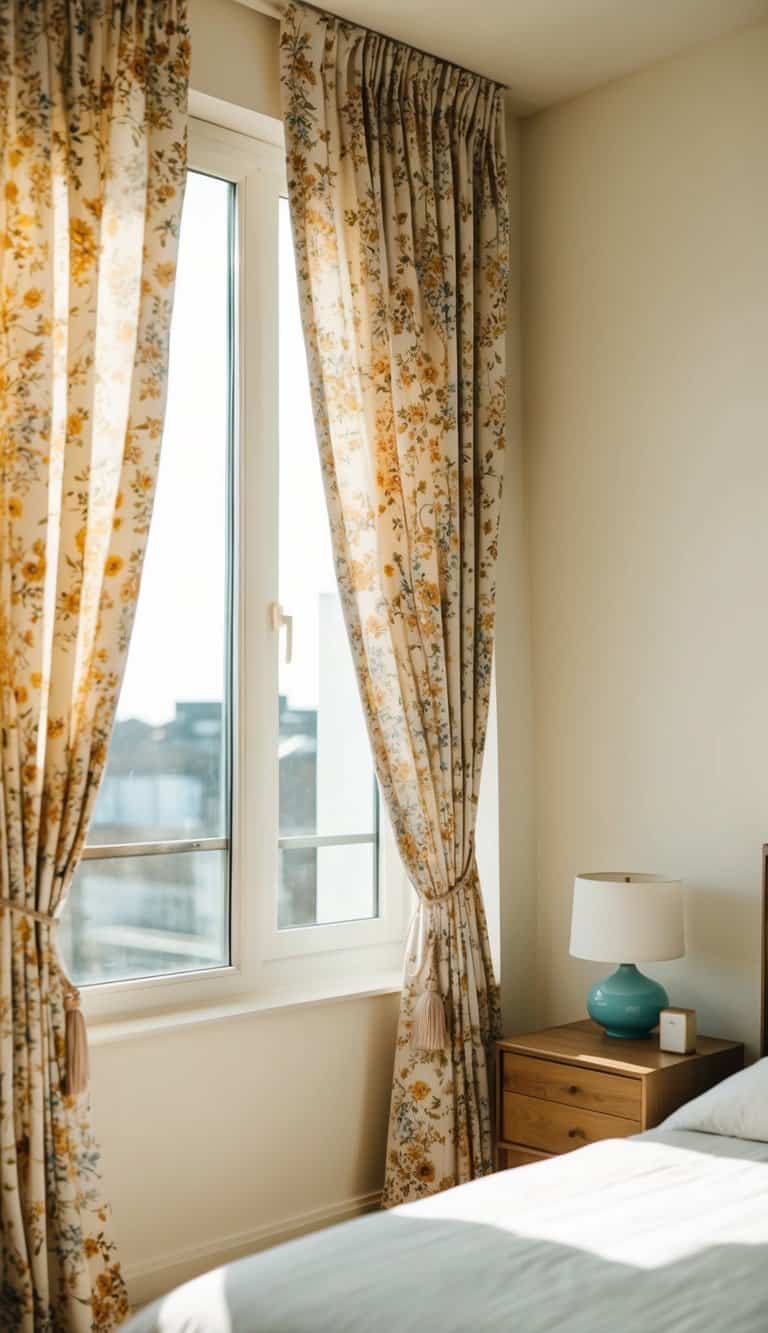 A sunlit bedroom with floral print drapes billowing gently in the breeze