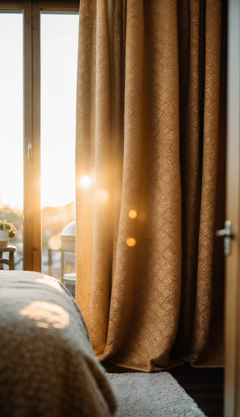 A cozy bedroom with jacquard weave curtains in warm earth tones, softly filtering sunlight into the room