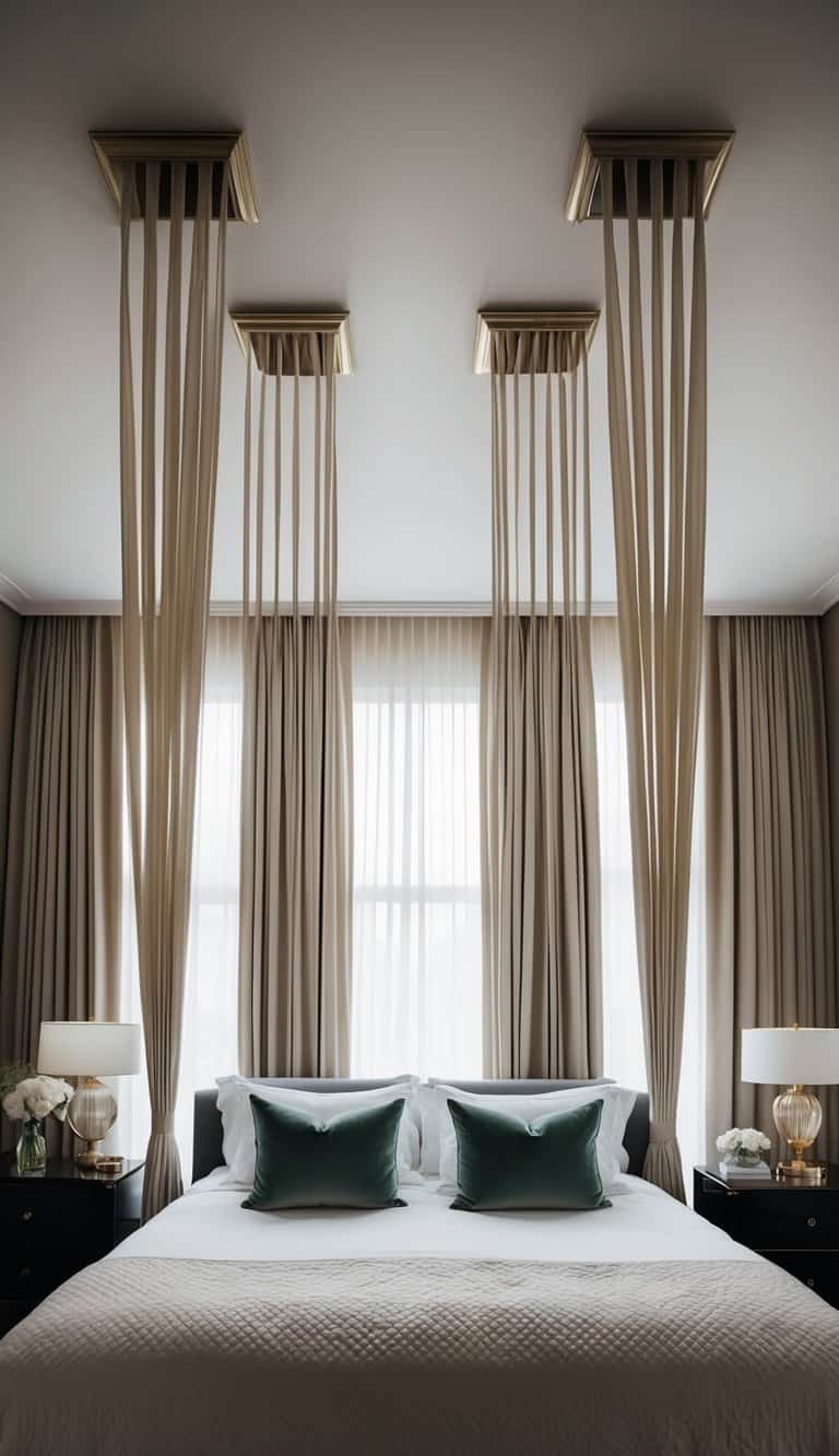 A bedroom with elegant pinch pleat panels hanging from the ceiling, creating a luxurious and sophisticated atmosphere