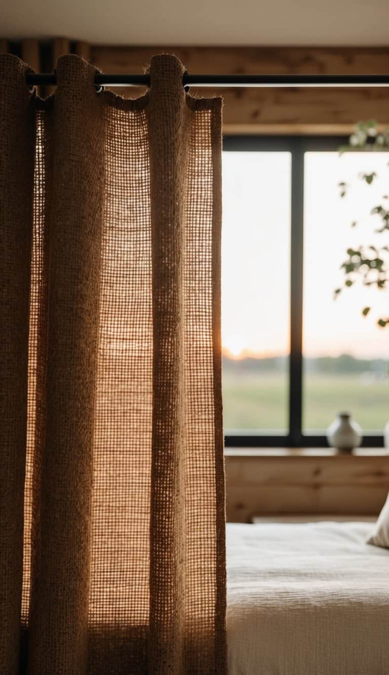 Rustic burlap curtains hang in a cozy bedroom, filtering soft morning light