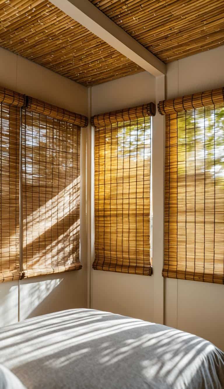 A serene bedroom with bamboo shades casting dappled light across the room, creating a peaceful and eco-friendly atmosphere