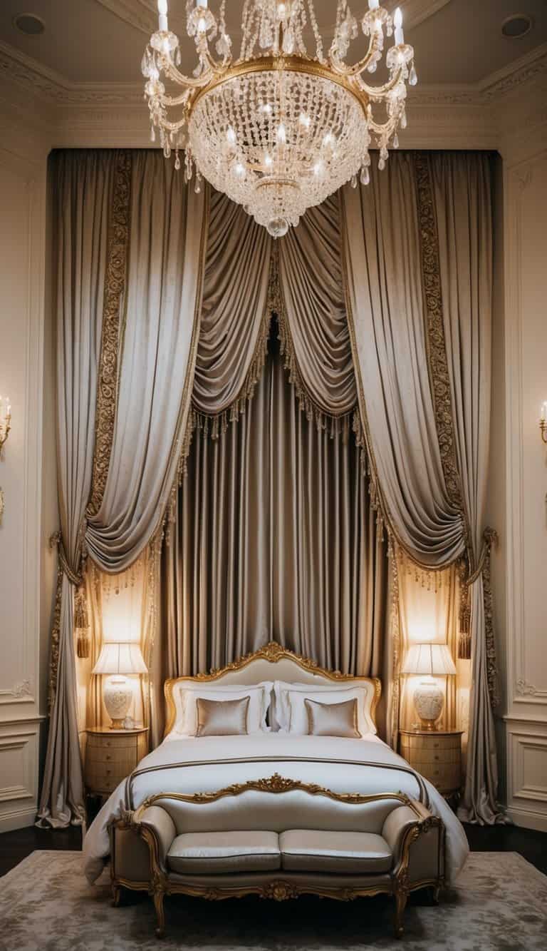 A grand bedroom with opulent silk curtains cascading down from the ceiling, creating an aura of luxury and elegance