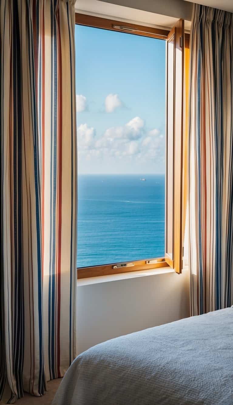 A cozy bedroom with nautical-themed striped curtain panels, gently billowing in the breeze from an open window overlooking the ocean