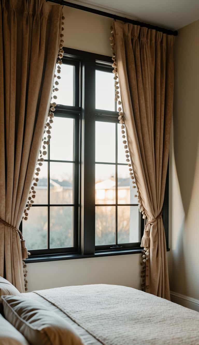 A cozy bedroom with faux suede drapes cascading down the windows, creating a warm and inviting atmosphere