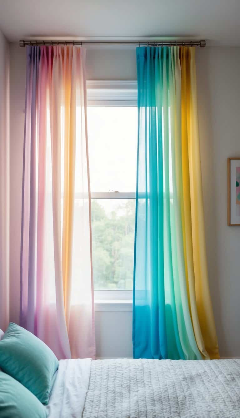 A bedroom with pastel ombre curtains hanging from the windows, casting a soft and colorful glow into the room