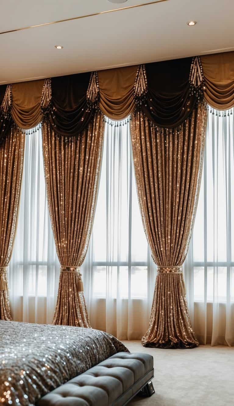 A luxurious bedroom with floor-to-ceiling curtains adorned with shimmering sequin embellished panels. Rich colors and elegant draping create a glamorous and opulent atmosphere