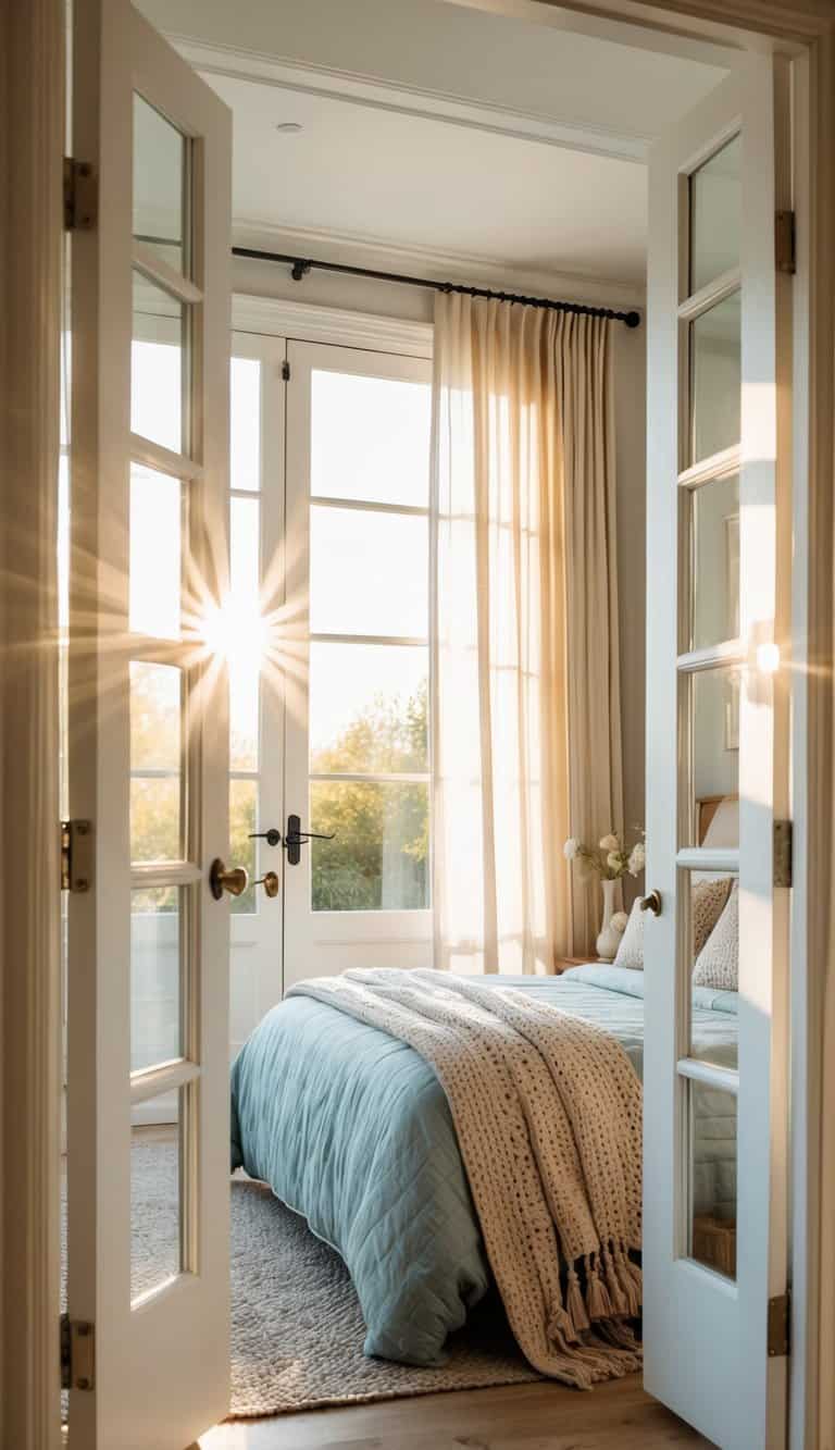 Sunlight streams through white French door panels onto a cozy bedroom with flowing curtains