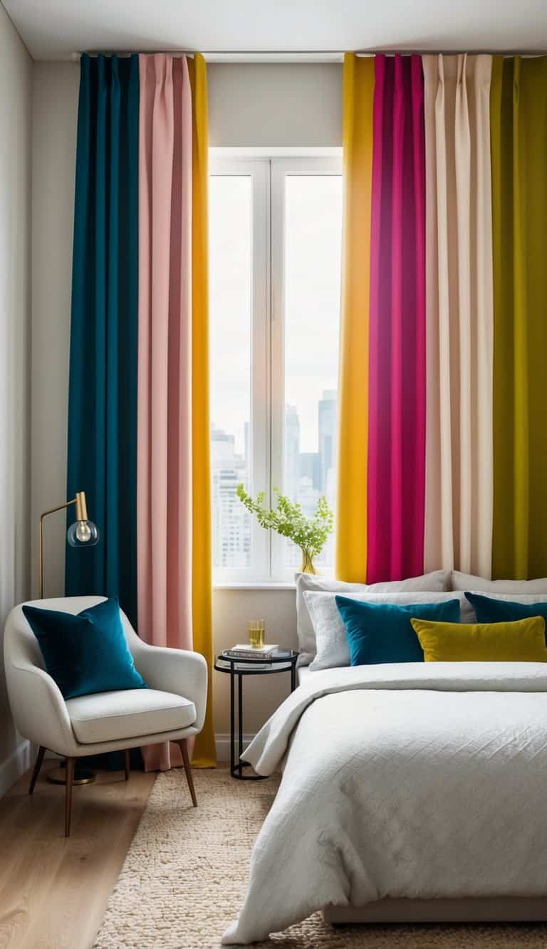 Vibrant color block curtains hang in a modern bedroom, adding a pop of color to the neutral decor