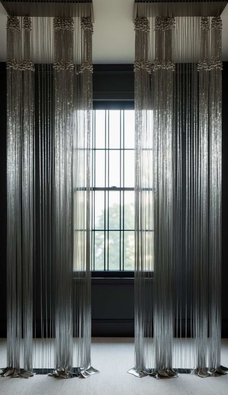 Shimmering metallic threads cascade from ceiling to floor, framing a window in a luxurious bedroom