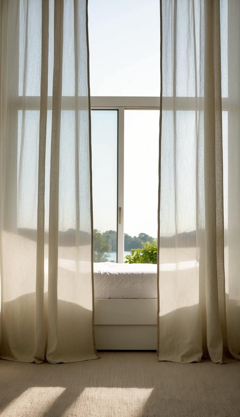 A serene bedroom with billowing linen-look sheers, softly filtering the sunlight and creating a tranquil, airy atmosphere