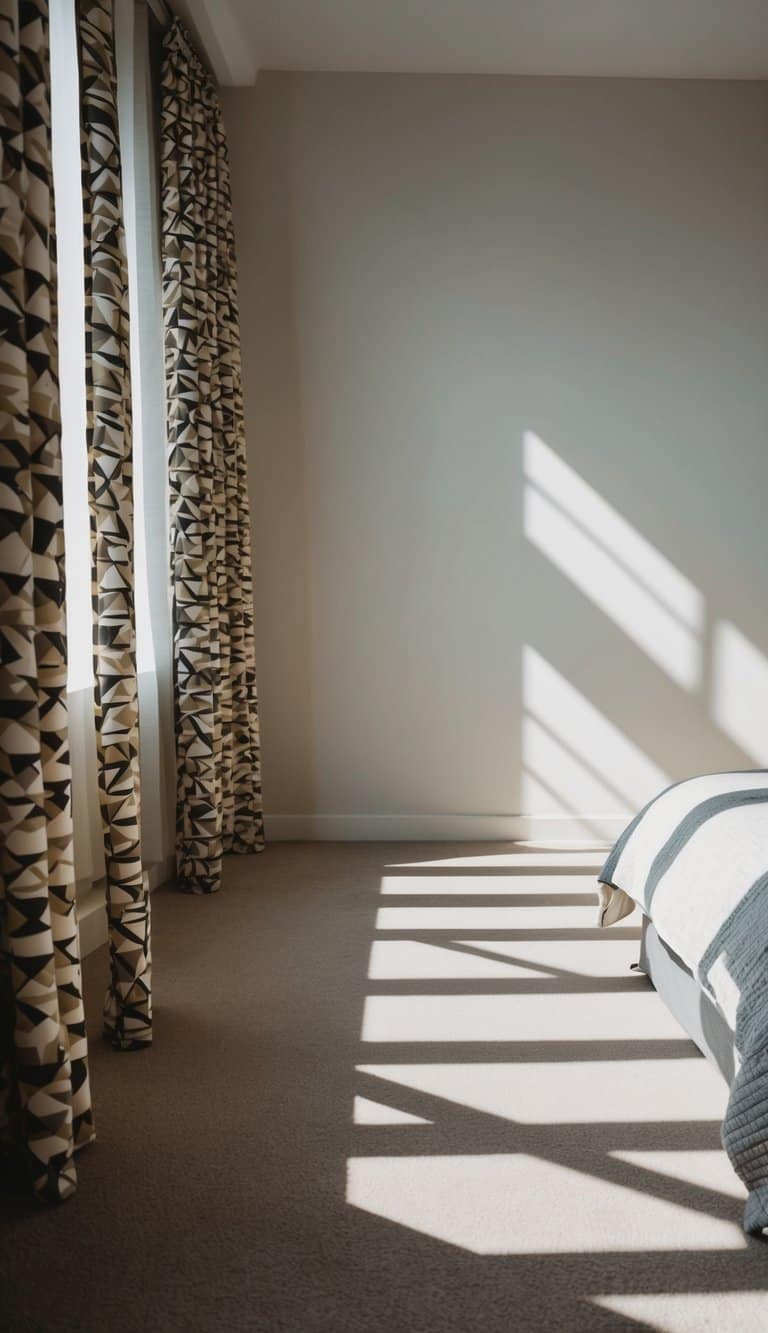 A bedroom with geometric print curtains, casting angular shadows on the floor