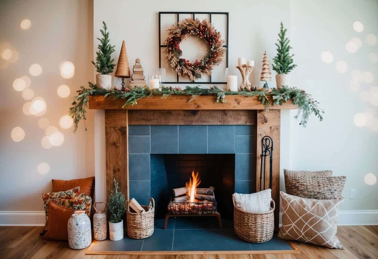 A rustic wooden mantel adorned with 19 unique fireplace decor items