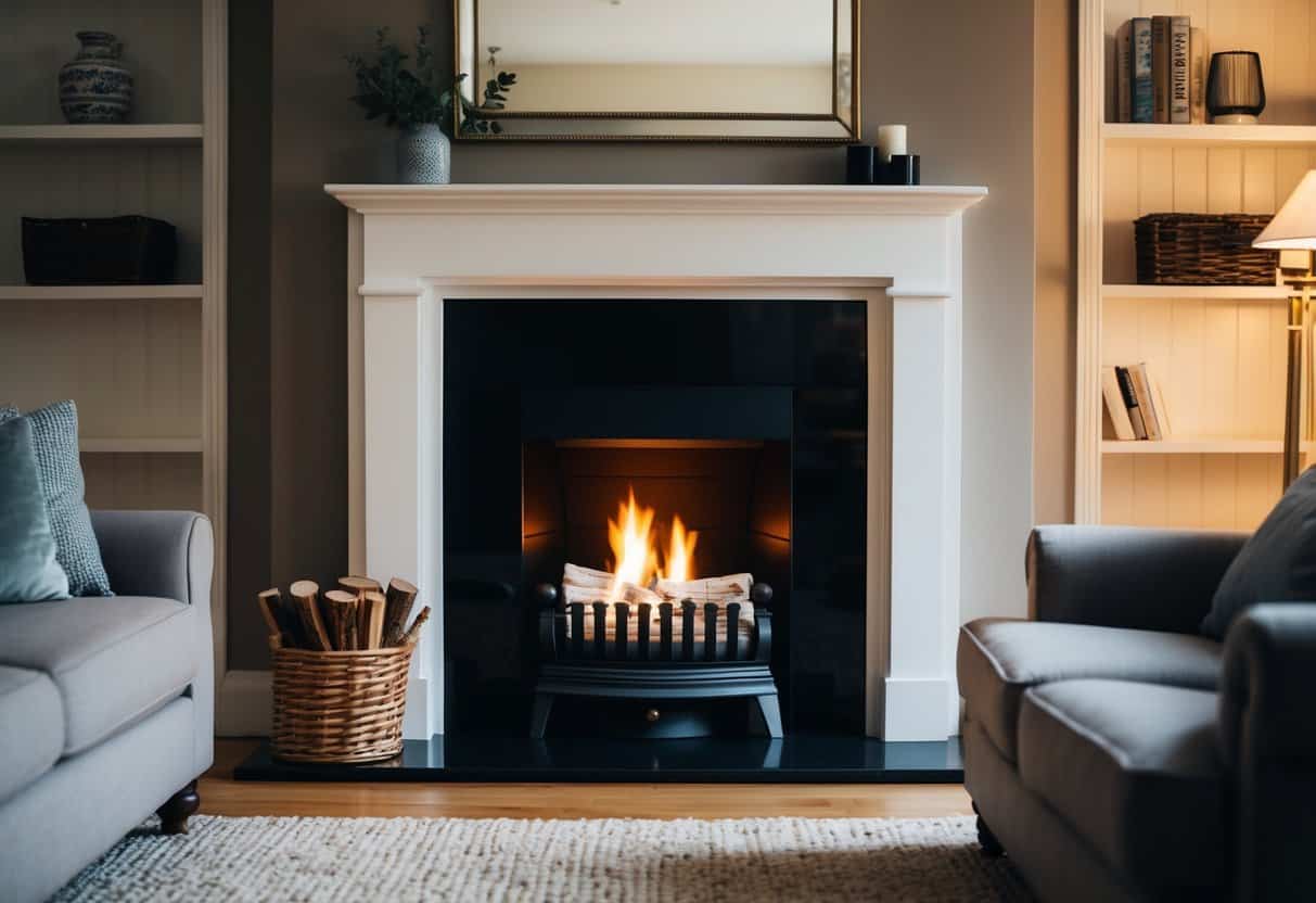 A cozy living room with a crackling fireplace adorned with a stylish ceramic log set, creating a warm and inviting atmosphere