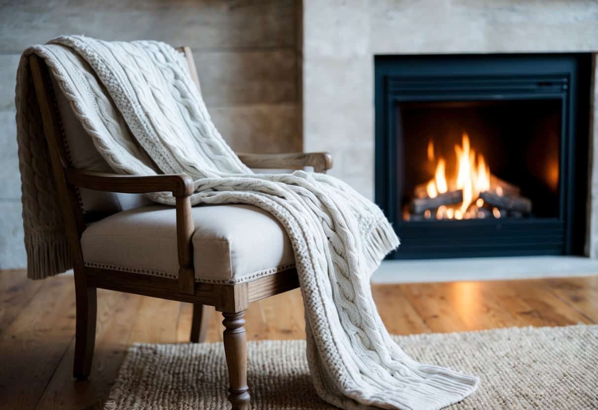 A cozy cable knit throw blanket draped over a rustic wooden chair next to a crackling fireplace