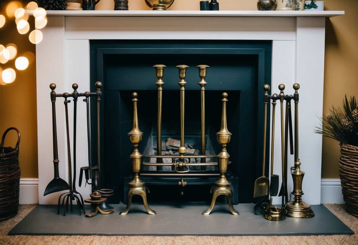 A set of antique brass fireplace tools arranged on a hearth, surrounded by various fireplace decor items