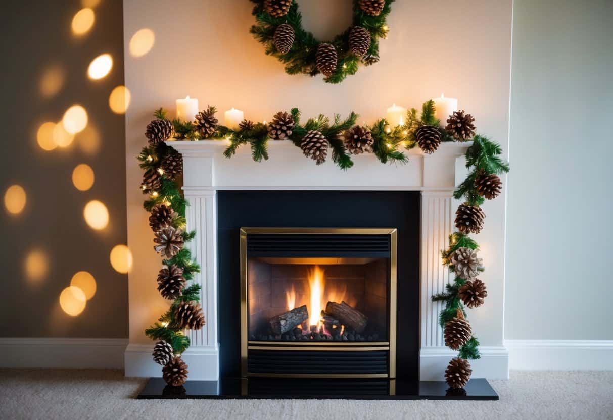 A cozy fireplace adorned with a garland of pinecones, creating a warm and inviting atmosphere